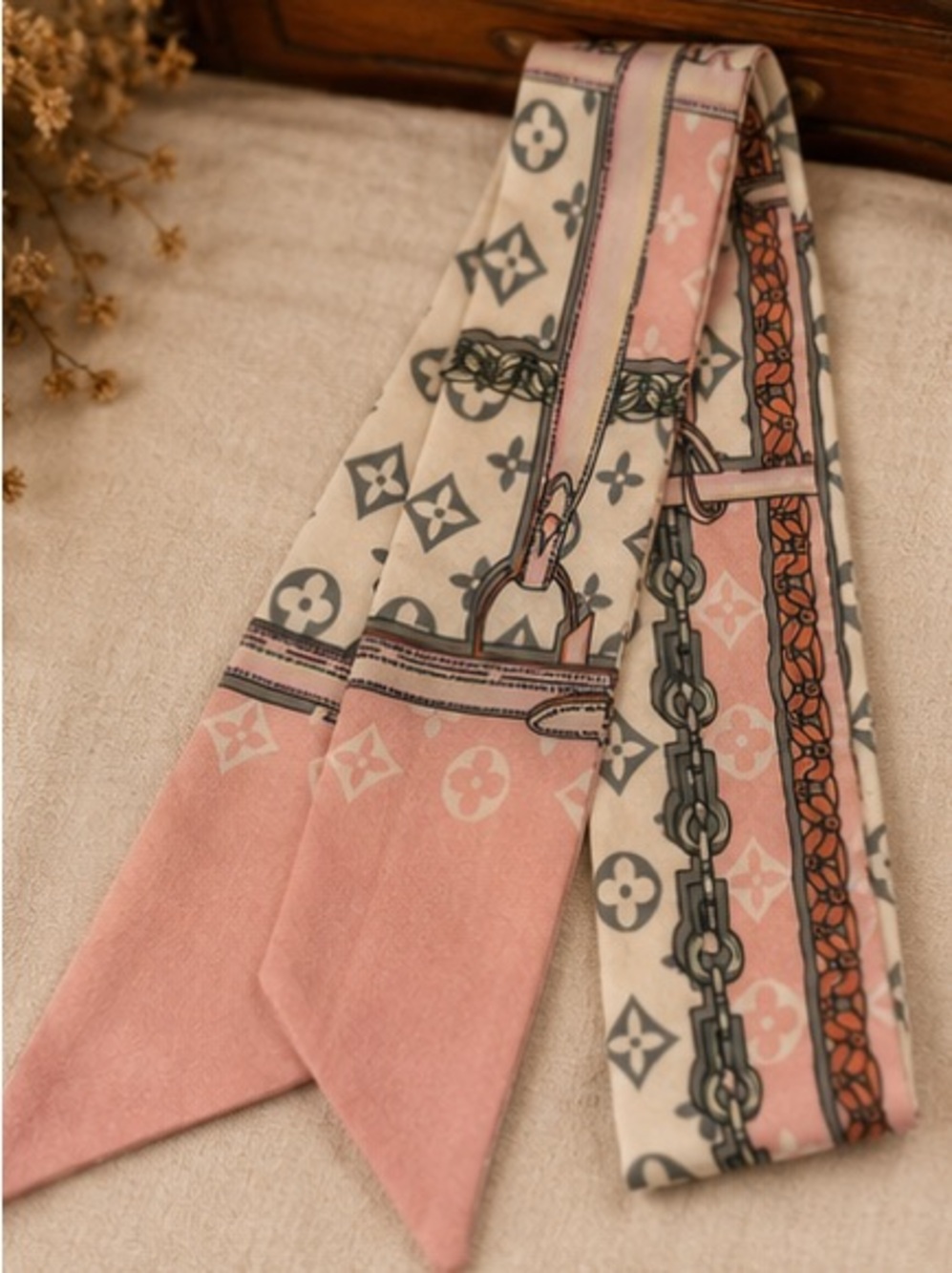 Pink Chain & Handbag Print Twilly Scarf Designer Inspired